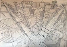 a pencil drawing of a city with lots of tall buildings