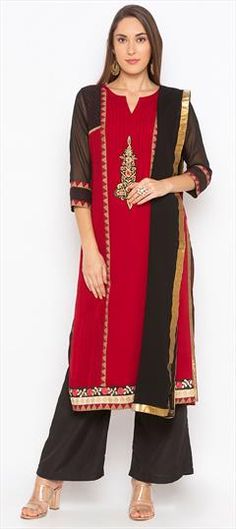 Red and Maroon color Salwar Kameez in Georgette fabric with Embroidered, Thread work Red Salwar Kameez With Mirror Work Straight Kurta, Red Salwar Kameez With Sheer Dupatta, Designer Red Kurta With Pallu, Red Straight Kurta With Mirror Work, Designer Red Churidar With Sheer Dupatta, Red Semi-stitched Kurta With Mirror Work, Designer Red Churidar With Dupatta, Red Mirror Work Salwar Kameez For Eid, Red Salwar Kameez With Mirror Work For Eid