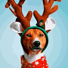 a dog wearing reindeer antlers on its head with a scarf around it's neck