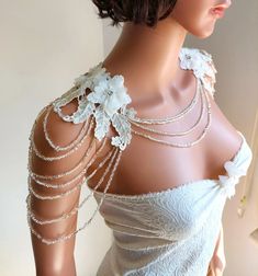 Shining Bridal Gown Floral Lace Shoulder Jewelry High Quality - Etsy Turkey Shoulder Jewelry Wedding, Pearl Bridal Necklace With Beaded Chain, Pearl Bridal Necklace With Beaded Chain For Wedding, White Beaded Bridal Necklace For Evening, White Backdrop Necklace For Evening, White Embellished Jewelry For Parties, White Beaded Backdrop Necklace For Evening, Bridal Shoulder Jewelry, White Crystal Embellished Jewelry