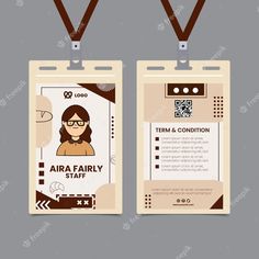 two id cards with brown lanyards attached to each one, and the words aira fairly staff on them