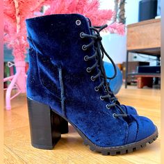 Never Worn, Super Comfortable Stylish Blue Velvet Booties. Perfect For The Holidays!! Blue High Ankle Heels For Fall, Winter Blue Platform Boots, Blue Round Toe Platform Boots For Winter, Blue High Heeled Boots With Reinforced Heel, Blue Round Toe Platform Boots For Fall, Blue High Heel Boots With Reinforced Heel, Blue High-top Platform Boots, Blue Winter Platform Boots With Round Toe, Fall Blue Platform Boots With Round Toe