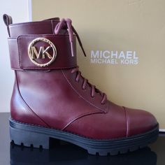 Michael Michael Kors Women's Faux Leather Tatum Ankle Boot In Beautiful Merlot Color, Toecap Front Lace-Up With Side Zipper & Fastening Buckle-Fastening Ankle Strap, Gorgeous Gold-Tone Color Mk Logo Hardware & Durable Chunky Rubber Sole Composition Sole :) Retail: $230 Condition: Brand New With Original Shoe Box Women's Size Designer Faux Leather Boots For Fall, High-top Boots With Branded Heel Counter For Fall, Trendy Burgundy Leather Boots, Designer Faux Leather Boots With Round Toe, Michael Kors High Heels, Merlot Color, Open Toe Boots, Brown Leather Wedges, Michael Kors Boots