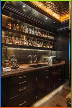 a kitchen with lots of bottles on the shelves and cabinets above it is also a bar