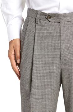 Stretch-infused, houndstooth-textured wool defines handsome trousers shaped in a smart pleated cut. Style Name:Berle Touch Finish Pleated Houndstooth Classic Fit Stretch Wool Dress Pants. Style Number: 5509294. Available in stores. Classic Formal Houndstooth Pants, Formal Wool Pants With Herringbone Pattern, Semi-formal Wool Dress Pants Flat Front, Luxury Wool Formal Pants, Mens Brown Houndstooth Pants, Pants Style, Wool Dress, Welt Pocket, Dress Pants