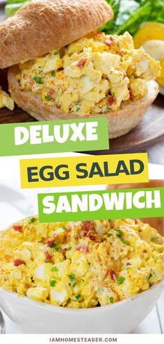 an egg salad in a white bowl with the words deluxe egg salad sandwich on it