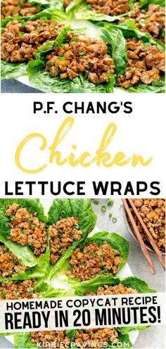 chicken lettuce wraps with the words p f chang's chicken lettuce wraps