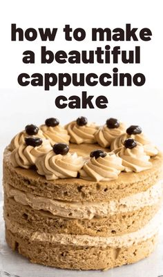 a cake with chocolate chips on top and the words how to make a beautiful cappuccino cake