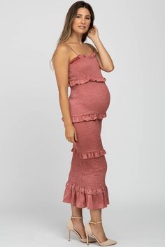 Mauve Satin Smocked Fitted Maternity Midi Dress – PinkBlush Spring Maternity Tiered Dress, Spring Maternity Wear Tiered Dress, Maternity Midi Dress With Smocked Bodice, Ruched Maternity Midi Dress, Ruched Midi Dress For Maternity Wear, Maternity Midi Dress With Smocked Back, Summer Maternity Dress With Ruched Detail, Chic Maternity Dresses With Smocked Back, Ruched Midi Length Maternity Dress