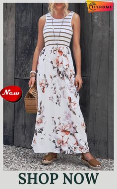 White Striped Floral Print Sleeveless Maxi Dress with Pocket White Maxi Length Sundress Sleeveless, White Maxi Sleeveless Sundress, White Floral Print Sleeveless Maxi Dress, White Floral Print Maxi Sleeveless Dress, White Floral Print V-neck Maxi Dress, V-neck Sleeveless Beach Dress With Floral Print, Multicolor Floral Print Maxi V-neck Dress, Multicolor Floral Print Maxi Dress, Free Size, Non-stretch Multicolor Floral Print Maxi Dress