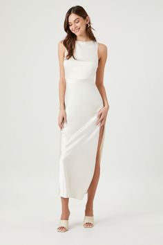 Sleeveless Open-Back Maxi Dress | Forever 21 Satin Maxi Dress With Side Slits, Fitted Maxi Dress With Side Slits For Brunch, Chic Split Maxi Dress With Tie Back, Chic Maxi Dress With Tie Back And Split, Fitted Dress With Split Hem For Brunch, Elegant Split Midi Dress For Brunch, Maxi Length Dresses With Side Slits For Brunch, Maxi Dresses With Side Slits For Brunch, Chic Sleeveless Maxi Dress With Split Design