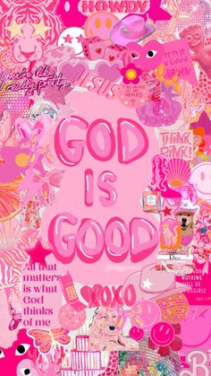 the words god is good are surrounded by pink hearts and other things that appear to be in