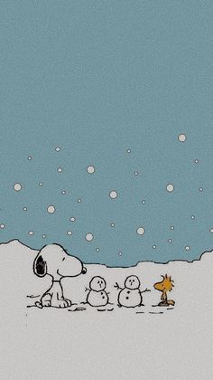 a charlie brown christmas scene with snow falling on the ground and peanuts standing in front of them