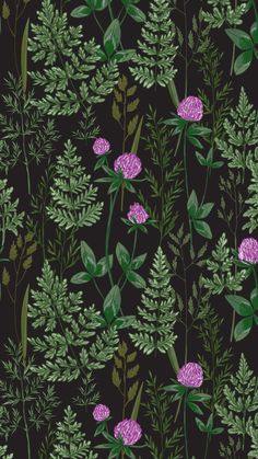 a floral pattern with pink flowers and green leaves on a black background, suitable for wallpaper or fabric