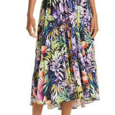 Vibrant Tropical Blooms Enliven This Graceful Midi Skirt Trimmed With Flouncy Tiered Ruffles. Hidden Back-Zip Closure Side-Seam Pockets 100% Polyester Dry Clean Imported Women's Clothing Item #6287744 Beach Midi-length Gathered Skirt, Midi Length Gathered Skirt For Beach, Midi Pleated Skirt Bottoms For Vacation, Vacation Midi Length Gathered Skirt, Beach Floral Print Midi Skirt, Multicolor Floral Print Midi Skirt, Beach-ready Floral Print Midi Skirt, Floral Print Midi Skirt For Beach, Multicolor Floral Midi Skirt