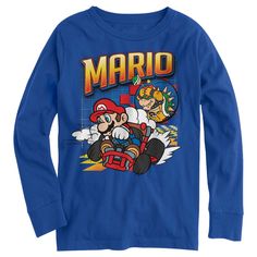 Boys - Nintendo Mario Kart Winner - Royal Blue- Large Blue Character Print School Tops, Blue Character Print Tops For School, Blue School Tops With Character Print, Blue Long Sleeve T-shirt For School, Fun Blue Long Sleeve T-shirt, School Long Sleeve Graphic Print T-shirt, School Long Sleeve Graphic T-shirt, Long Sleeve Graphic Print T-shirt For School, Long Sleeve Graphic T-shirt For School