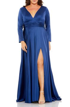 FABULOUSS BY MAC DUGGAL Long Sleeve V-Neck A-Line Gown available at #Nordstrom Regal Style, Mac Duggal Dress, Designer Formal Dresses, Pleated Gown, Emerald Dresses, Plus Size Gowns, Plus Size Prom, Sleeve Gown