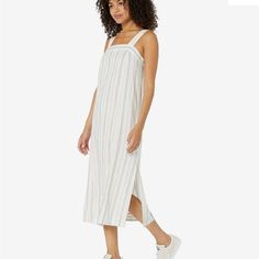 Made Of An Airy Linen And Cotton Blend, This Striped Square-Neck Midi Dress Has Body-Skimming Princess Seams And Long Adjustable Straps That Button In Back. For That Effortlessly Put-Together Look. Falls 50" From High Point Of Shoulder (Based On Size M). 55% Linen/45% Cotton. Do Well: We Partner With The Better Cotton Initiative To Improve Cotton Farming Globally. Machine Wash. B50 Casual Off-white Knee-length Dress, Casual Off White Knee-length Dress, Cream Cotton Midi Dress For The Beach, Cream Cotton Midi Dress For Beach, White Breezy Midi Sundress, White Breezy Sundress Midi Length, Off-white Sundress Midi Dress, Off White Sundress Midi Dress, Summer Midi Dress In Off White