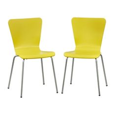 two yellow chairs sitting next to each other on top of a white floor with metal legs