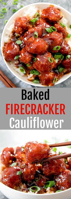 baked firecracker cauliflower in a white bowl with chopsticks on the side