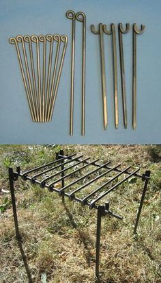 there are several different types of tools on the rack in the grass, and one is made out of metal