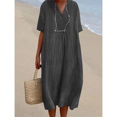 Season:Summer,Spring; Fabric:Linen; Sleeve Length:Short Sleeve; Look After Me:Machine wash; Gender:Women's; Style:Modern,Basic; Elasticity:Inelastic; Occasion:Weekend,Daily; Fit Type:Loose Fit; Dresses Type:Casual Dress,Cotton Summer Dress; Pattern:Plain; Design:Pocket; Neckline:V Neck; Front page:FF; Listing Date:03/14/2024; Production mode:External procurement; 2024 Trends:2023; Bust:; Length:; Dress Length Type:Midi Dress; Print Type:non-printing Stile Casual Chic, Casual Chique, Cotton Linen Dresses, Dress Sleeve Styles, Linen Midi Dress, Elegante Casual, Linen Style, Loose Outfit, Linen Skirt