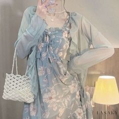 Lasaky - Floral Chiffon Dress with Long Outerwear and Sun Protection Cardigan Set Cute Kawaii Outfits, Summer Maxi Dress Floral, Gentle Style, Long Outerwear, Dress Cardigan, Cardigan Set, Cardigan Design, Floral Chiffon Dress, 2024 Spring Summer