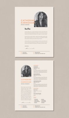 two resumes with an orange and white background, one is for a woman in business attire