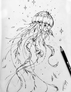 a drawing of a jellyfish with feathers on it's head and stars in the background