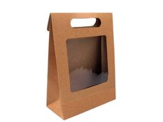 a brown paper bag with a window on the front and bottom, is shown against a white background