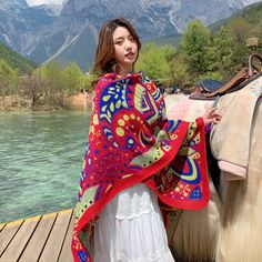 Multi-purpose Tibetan Style Shawl Cashew Flower Cloak Winter Warm Open National Wind Air-conditioning Scarf Red Bohemian Shawl With Floral Print, Red One Size Shawl Scarf, Red Shawl Scarf One Size, Bohemian Scarves, Lijiang, Red Shawl, Warm Red, Scarf Sale, Oversized Scarf