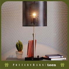 a lamp that is sitting on top of a table next to a potted cactus