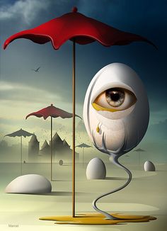 an eyeball and umbrella stand in the middle of a surreal landscape, with birds flying overhead