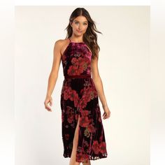 Velvet A-Line Midi Dress High Neck. Great For Fall And Winter Weddings, Never Worn, Nwt Burgundy Knee-length Midi Dress For Date Night, Burgundy Midi Length Dress For Date Night, Burgundy Midi Dress For Date Night, Red Velvet Dress For Date Night, Hot Pink Bodycon Dress, Floral Velvet Dress, High Neck Midi Dress, Burgundy Midi Dress, Asymmetrical Midi Dress