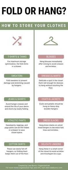 an info sheet describing how to store your clothes for the fall and winter season, with text that reads fold or hang?