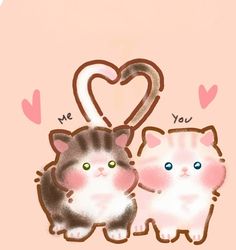 two cats standing next to each other on a pink background with the words me and you