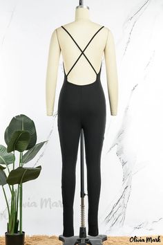 Olivia Mark - Contemporary Solid Patchwork Black Spaghetti Strap Jumpsuit for Sportswear Enthusiasts Casual Black Jumpsuits And Rompers For Sports, Casual Black Sports Jumpsuits And Rompers, Black Sportswear Jumpsuits And Rompers For Gym, Casual Black Jumpsuits And Rompers For Gym, Casual Black Unitard For Summer, Casual Black Summer Unitard, Black Sleeveless Sportswear Jumpsuit, Black Sleeveless Sportswear Jumpsuits And Rompers, Black Unitard For Gym And Summer