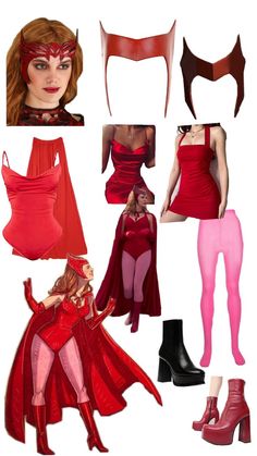 various images of women in red and pink outfits, with one woman wearing a cape