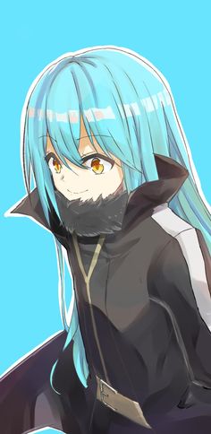 an anime character with long blue hair and yellow eyes, wearing a black outfit in front of a blue background