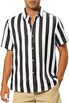 This men's button-down shirt features a classic striped pattern in black and white for a timeless look. Its short-sleeved design and lightweight fabric make it perfect for warm-weather days. Durable construction ensures long-lasting wear. Short sleeves, button down, point collar, casual stripes pattern shirt 100% Polyester Size Chest Waist XXS 29 - 31 27 - 29 XS 30 - 32 28 - 30 S 34 - 36 30 - 32 M 38 - 40 32 - 33 L 42 - 44 33 - 34 XL 46 - 48 36 - 38 2XL 48 - 50 40 - 42 3XL 50 - 52 44 - 48 Summer Pinstripe Shirt With Button Closure, Pinstripe Button-up Shirt For Summer, Classic Summer Shirt With Horizontal Stripes, White Short Sleeve Shirt With Horizontal Stripes, Classic Striped Summer Shirt, Black Shirt With Striped Collar For Summer, Classic Striped Short Sleeve Shirt For Spring, White Button-up Shirt With Contrast Stripes, Striped Short Sleeve Shirt With Button Closure