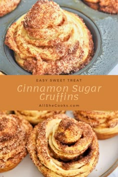 cinnamon sugar muffins on a plate with the words easy sweet treat cinnamon sugar crumbs