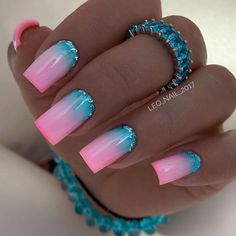 Blue Nail, Nail Designs Glitter, Neon Nails, Pink Acrylic Nails, Dipped Nails, Nails 2024, Nails Toes, Fancy Nails