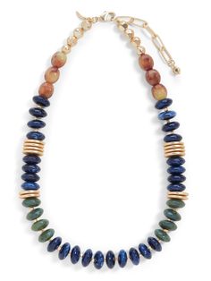 Blue Beaded Necklace | Banana Republic Cheap Glass Beaded Necklaces With Lobster Clasp, Gold Rondelle Beaded Necklaces, Gold Jewelry With Colorful Oval Beads, Elegant Rondelle Beaded Necklaces With Colorful Beads, Gold-tone Beaded Jewelry, Elegant Jewelry With Colorful Oval Beads, Gold Costume Jewelry Beaded Necklaces With Gemstones, Gold Beaded Necklace With Gemstone For Costume Jewelry, Mixed Beads Necklace