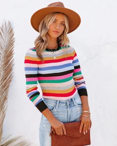 Chase away the winter blues with our vibrant Colorful Rainbow Striped Sweater! 🌈✨ Wrap yourself in a burst of joy and warmth with this playful knit, perfect for adding a pop of color to your chilly days. Off Shoulder Evening Gown, Simple Bangle, Pink Dark, Mini Skater Dress, Retro Stripes, High Rise Denim, Striped Sweater