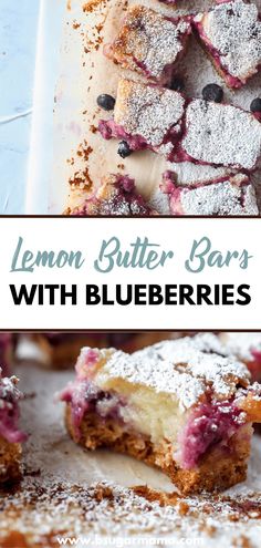 lemon butter bars with blueberries and powdered sugar on top are shown in this collage