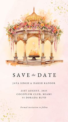 Wedding card with rose pink background and mandap in watercolour style Indian Wedding Invite Illustration, Indian Wedding Template Background, Digital Wedding Invitations Templates Design, Wedding Card Template Background, Save The Date Templates Indian, Save The Date Ideas For Weddings, Wedding Invite Illustration, Wedding Invites Ideas, Save The Date Indian Wedding