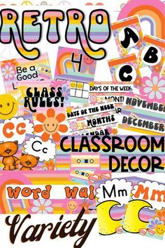 This groovy, retro classroom decor bundle has a fun boho vibe for any elementary grade. Your preschool, kindergarten, first grade or homeschool class will love this fun 70s and 80s bulletin board and classroom bundle. You will find editable labels and posters, banners, number and alphabet lines, desk name tags, calendar wall pieces and more with that retro fun look. Look no further for a groovy theme! Pe Decorations, Groovy Retro Classroom, Retro Bulletin Board, Business Education Classroom, Retro Classroom Decor, Groovy Theme, 2023 Classroom, Retro Classroom, Kids Graphic Design