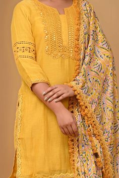 Yellow kurta with lace embellishment. Paired with coordinating gharara and floral pattern dupatta. - Aza Fashions Yellow Cotton Kurta With Dabka Detail, Yellow Georgette Kurta With Floral Embroidery, Festive Yellow Embellished Kurta, Yellow Resham Embroidered Kurta, Yellow Floral Print Kurta, Kurta Patterns, Lace Neckline, Three Quarter, Jaipur