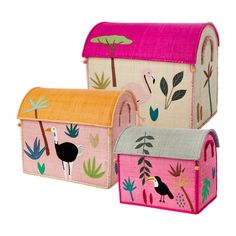 two pink and yellow mail boxes with birds painted on the front, one has a bird in it's mouth