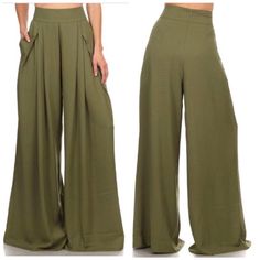 Nwt Solid, Full Length Pants In A Relaxed Style With A High Waist, Side Pockets, Wide Legs And Pleated Detailing. Khaki Wide-leg Harem Pants, Khaki Stretch Wide Leg Pants, Chic Khaki Full-length Bottoms, Chic Full-length Khaki Bottoms, Chic Khaki Full Length Bottoms, Full Length Pants, Wide Legs, Pants Color, Relaxed Style